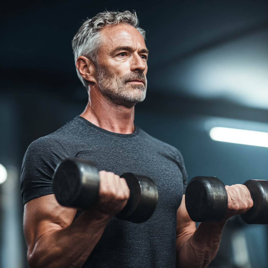 50 years old man doing strength training with weights in modern gym