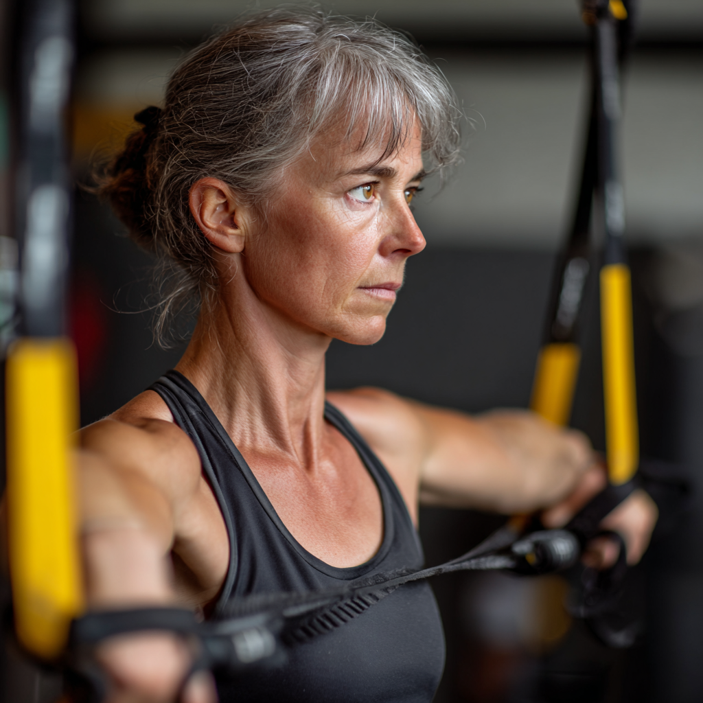51 years old woman performing functional training exercises with resistance bands