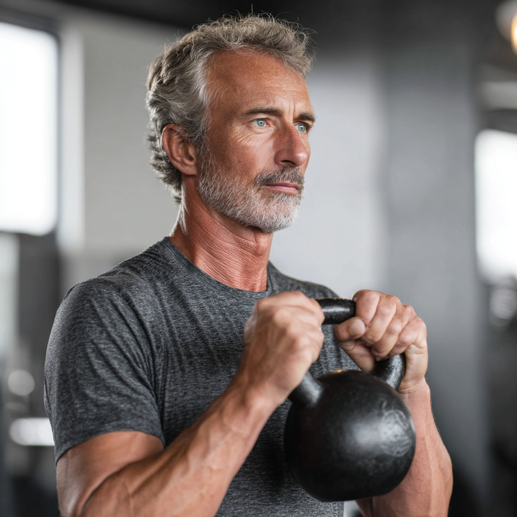 53 years old man performing functional exercises with kettlebell in bright fitness center