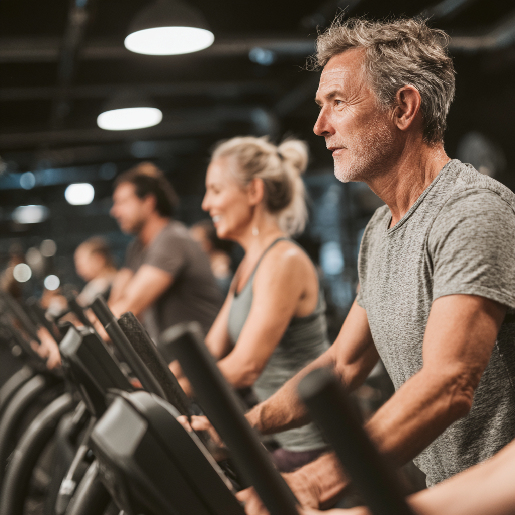 group of 52 years old adults doing cardio workout in modern fitness studio